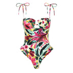 Floral one piece swimsuit bathing suits with adjustable tie straps