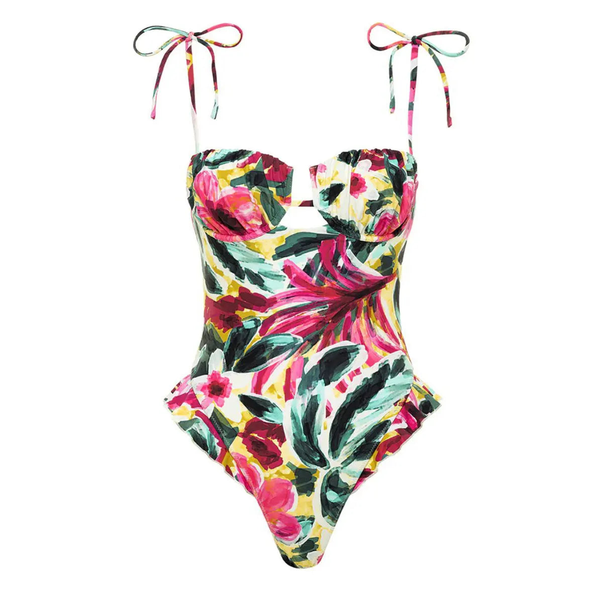 Floral one piece swimsuit bathing suits with adjustable tie straps