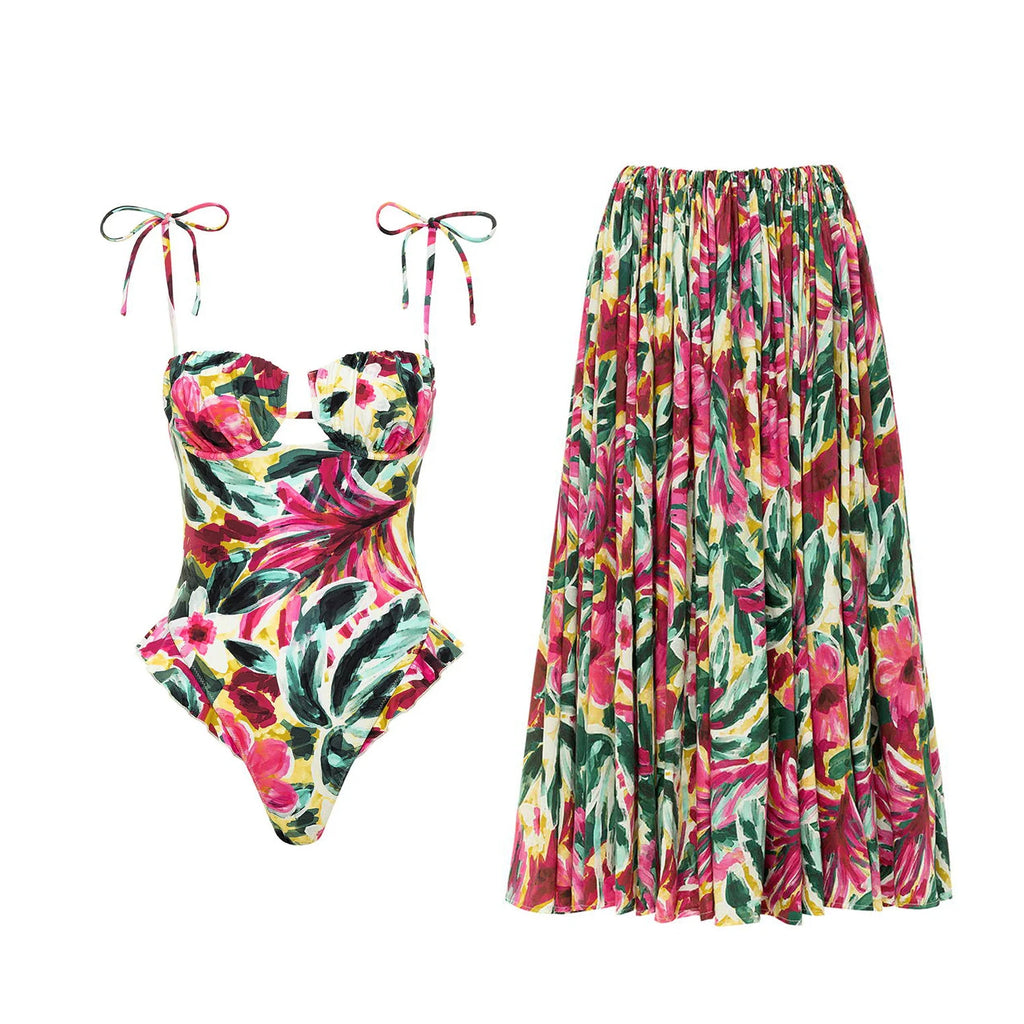 Floral one piece swimsuit bathing suits with matching skirt for beachwear