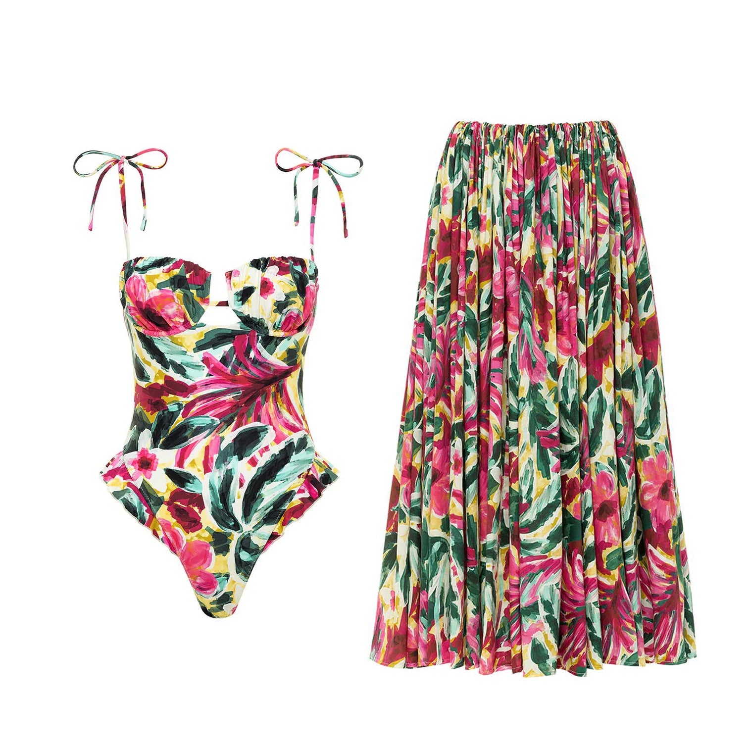 Floral one piece swimsuit bathing suits with matching skirt for beachwear