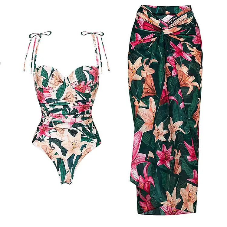 Floral one piece swimsuit bathing suits with matching sarong for beach outings