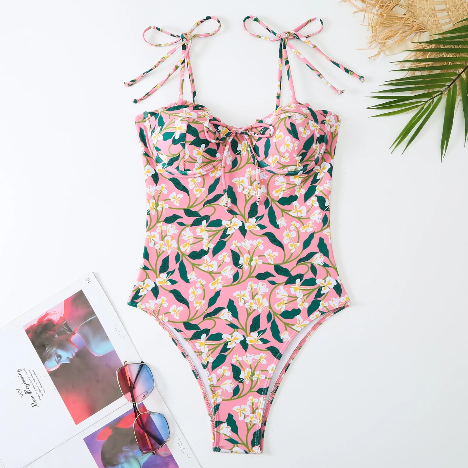 Women's pink floral one piece swimsuit bathing suits for beach outings