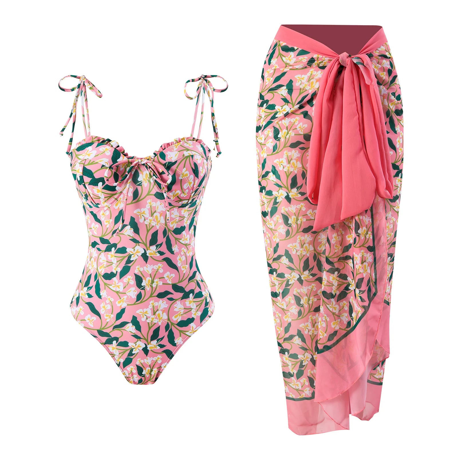 Floral print one piece swimsuit bathing suits with matching wrap for beach days