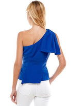 TCEC Women's One Shoulder Asymmetrical Top in Bright Blue with Bow Detail on Shoulder