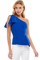 TCEC Women's One Shoulder Asymmetrical Top in Blue with Short Sleeve and Bow Detail