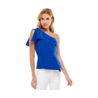 TCEC Women's One Shoulder Asymmetrical Top in Blue with Short Sleeve and Bow Detail