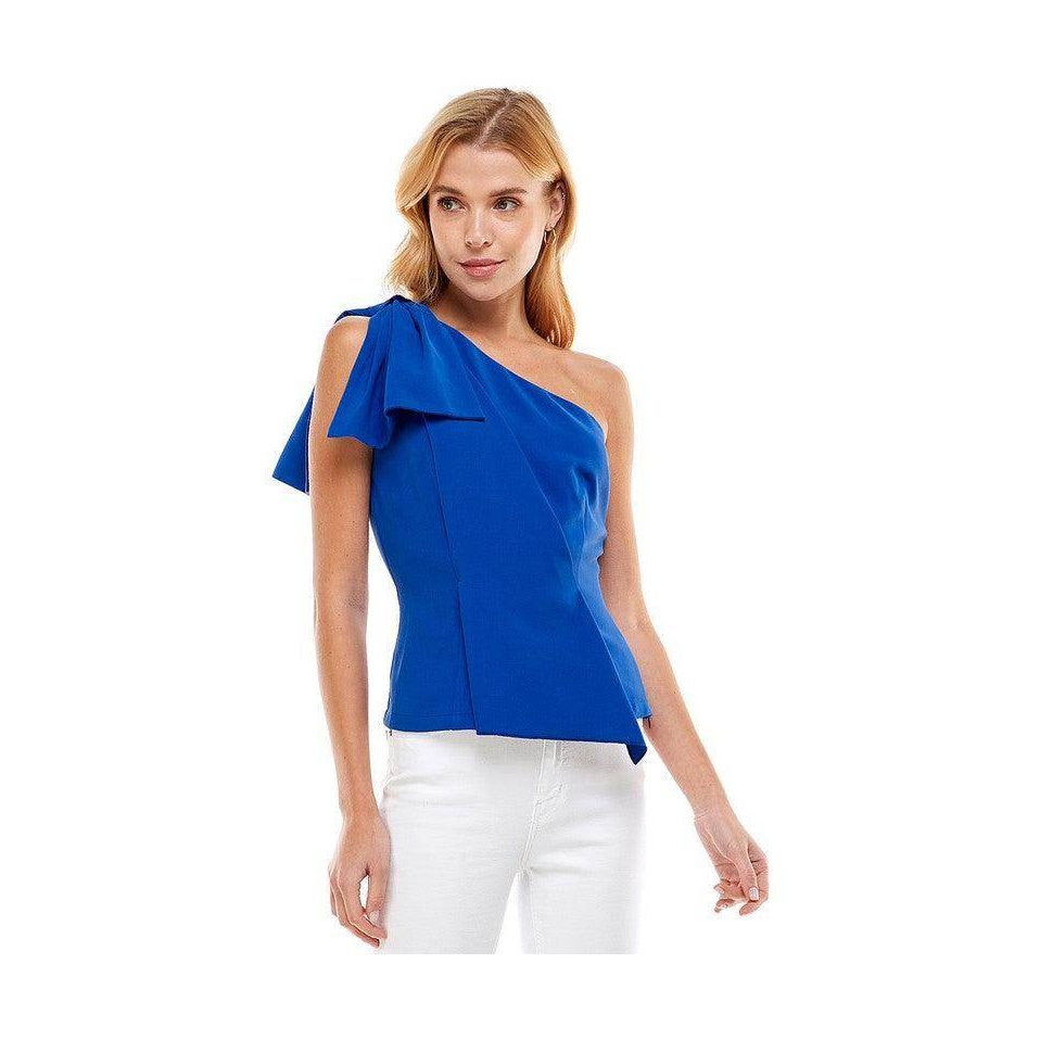 TCEC Women's One Shoulder Asymmetrical Top in Blue with Short Sleeve and Bow Detail