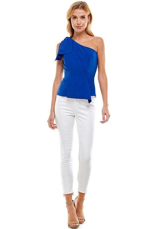 TCEC Women's One Shoulder Asymmetrical Top in Blue with Stylish Ruffle Detail