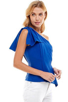 TCEC Women's Blue One Shoulder Asymmetrical Top with Stylish Flutter Sleeves