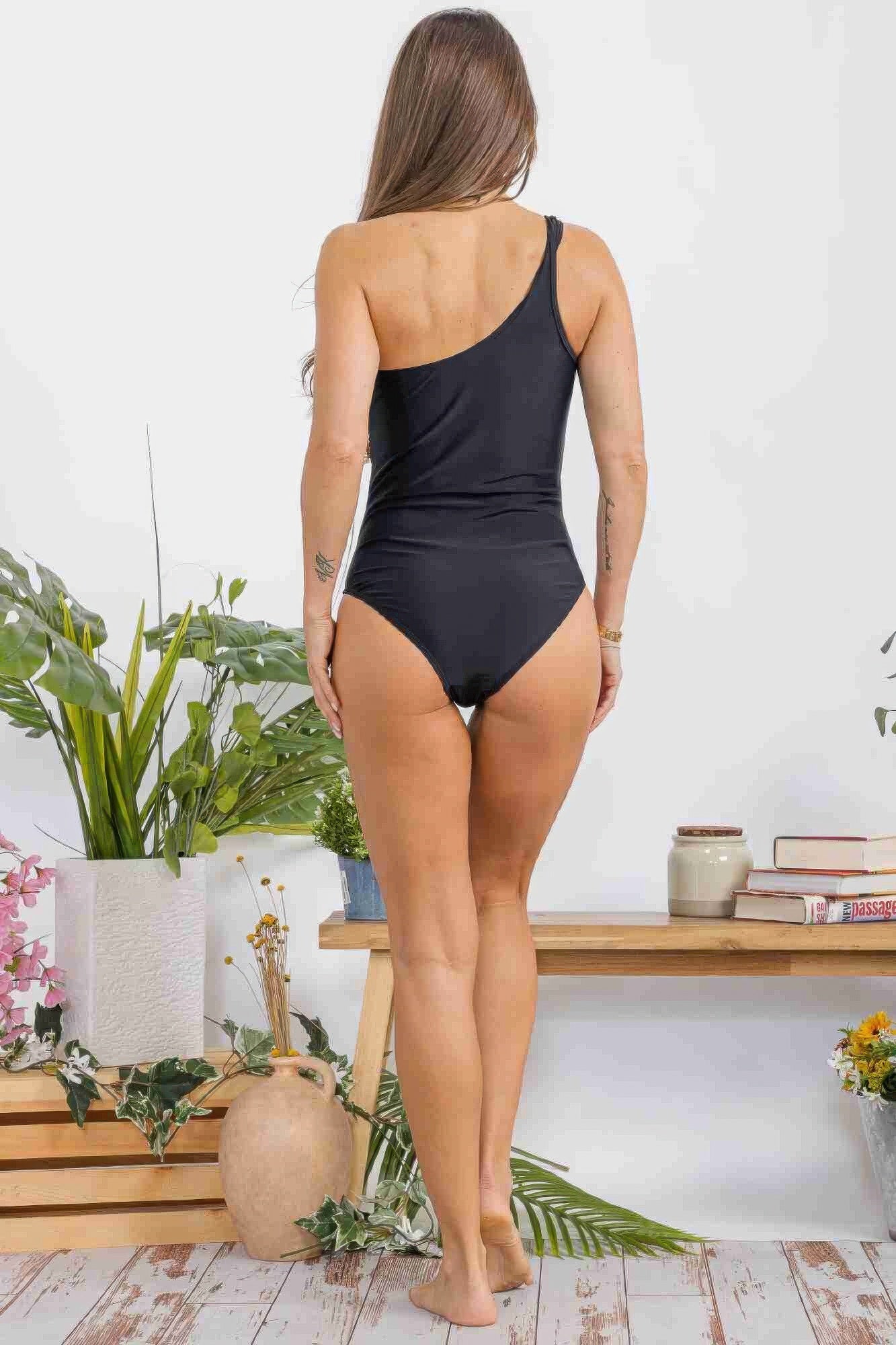 Women's black one-shoulder dress for beach or pool wear