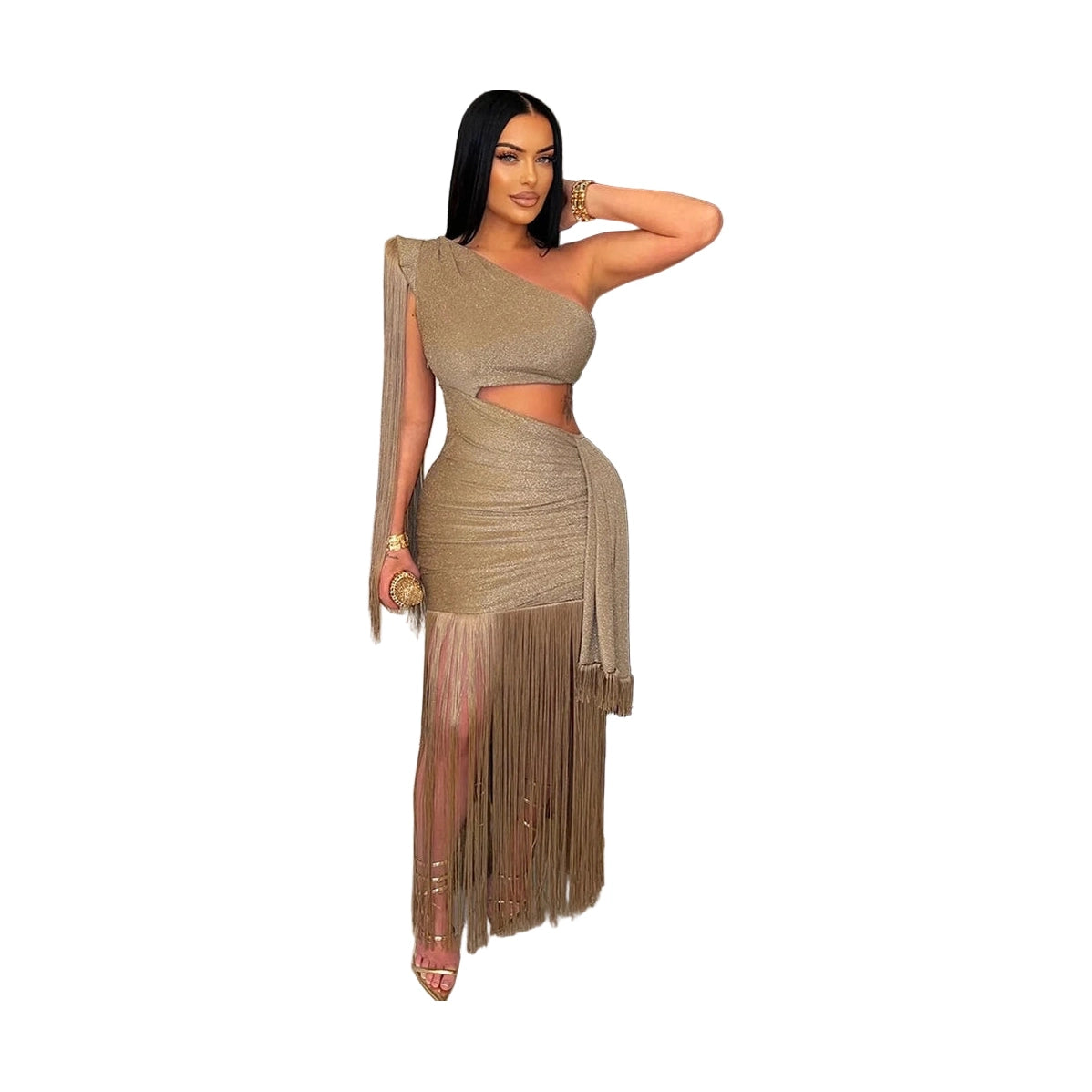 Elegant gold one shoulder fringe dress with cutout and long fringe detailing by VacationGrabs