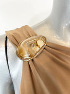 Women's beige one shoulder mini dress with stylish brooch detail
