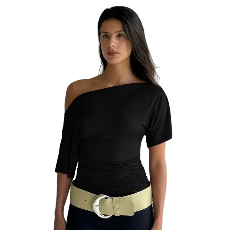 Black one shoulder top in soft fabric for casual outings