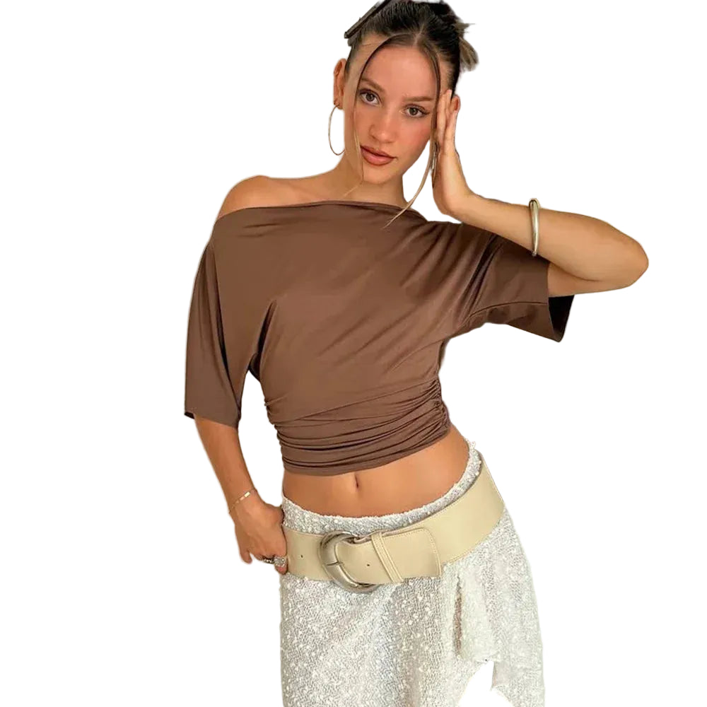Brown one shoulder tops in soft material for casual outings