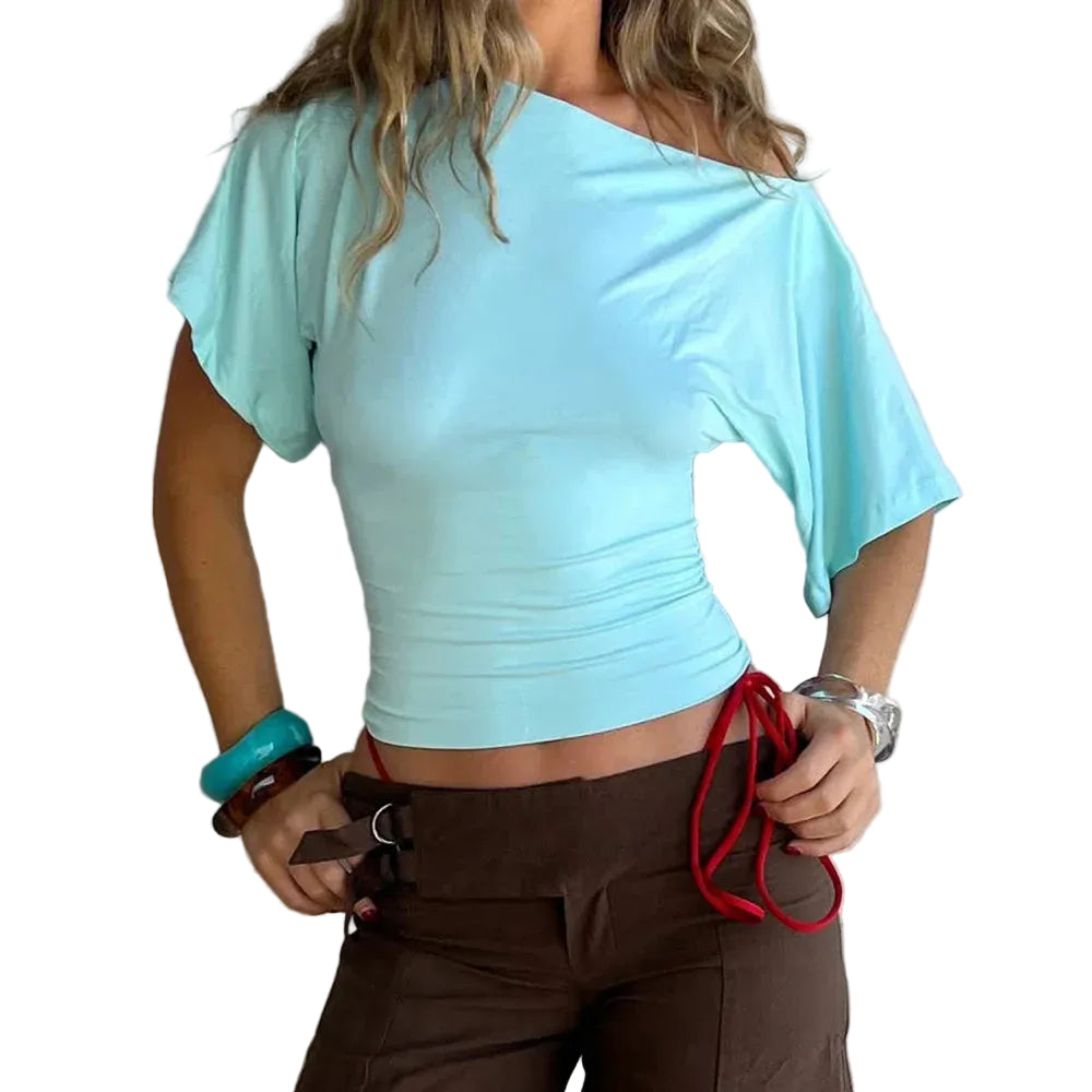Light blue one shoulder top for casual summer outings