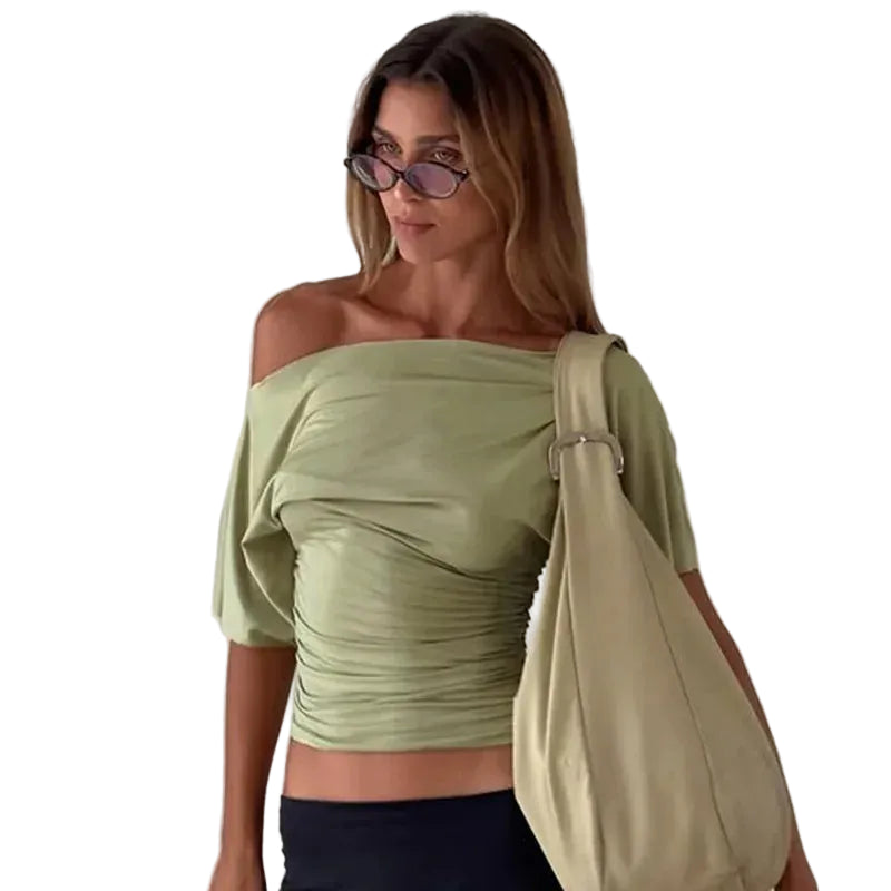 Women's green one shoulder top in lightweight fabric, perfect for casual wear