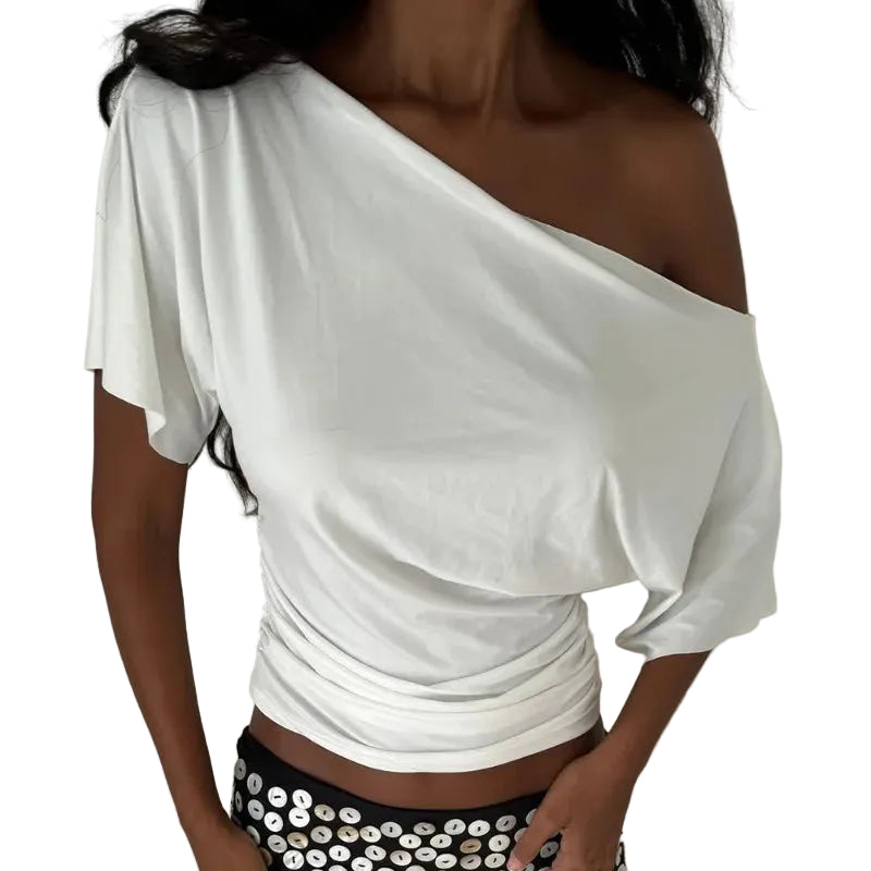 White one shoulder top, lightweight material, perfect for casual outings