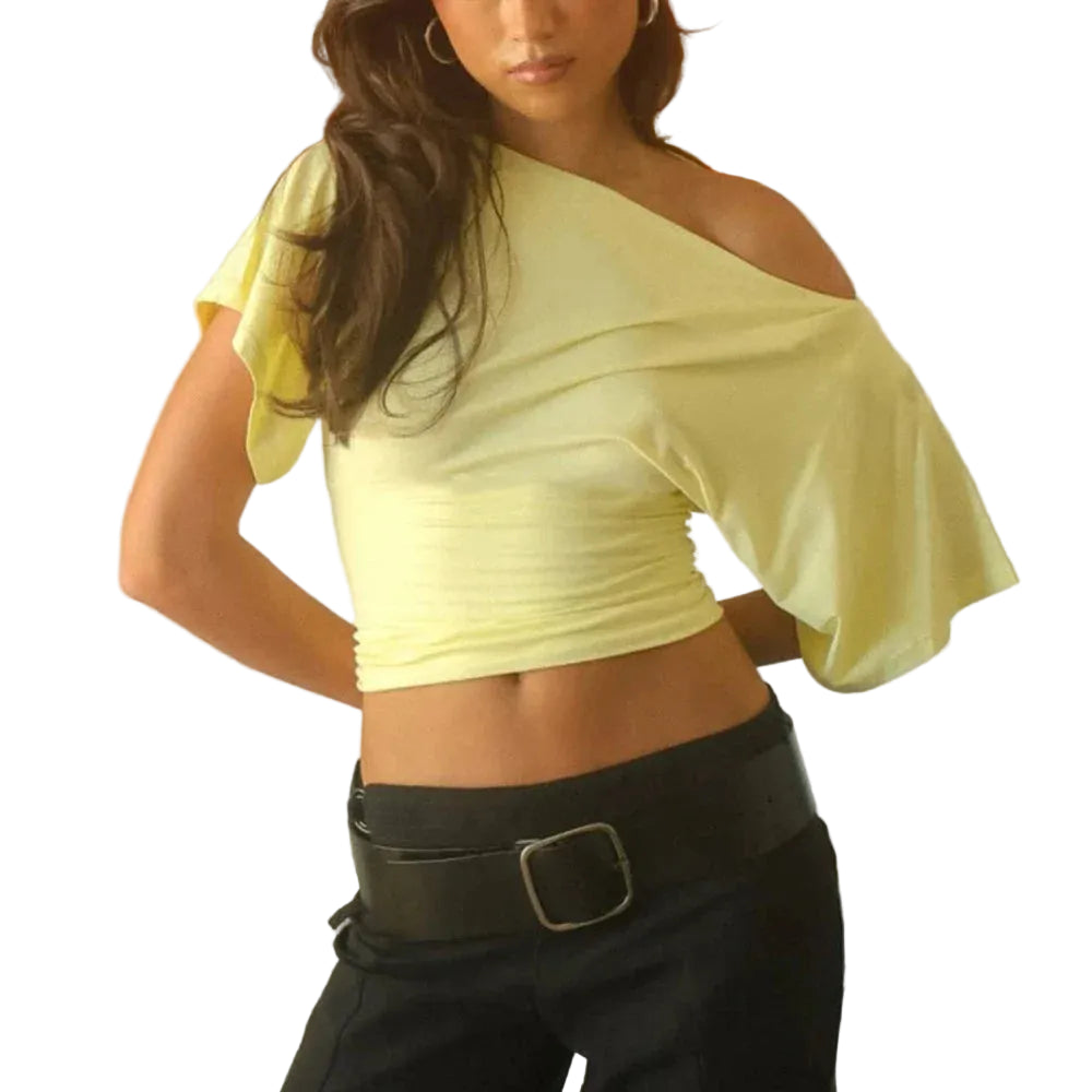 Women's yellow one shoulder top, stretchy fabric, casual wear