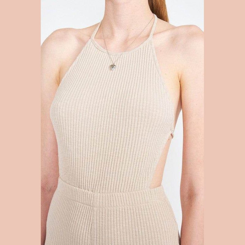 Emory Park open back jumpsuit vacation in beige ribbed fabric, perfect for summer outings