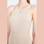 Emory Park open back jumpsuit vacation in beige ribbed fabric, perfect for summer outings