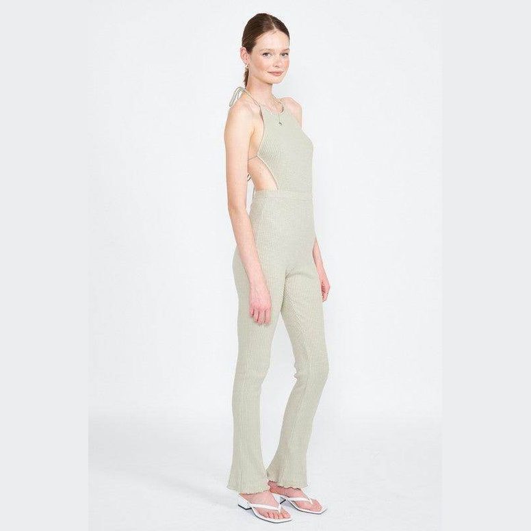 Emory Park open back jumpsuit vacation in light green, perfect for stylish summer outings