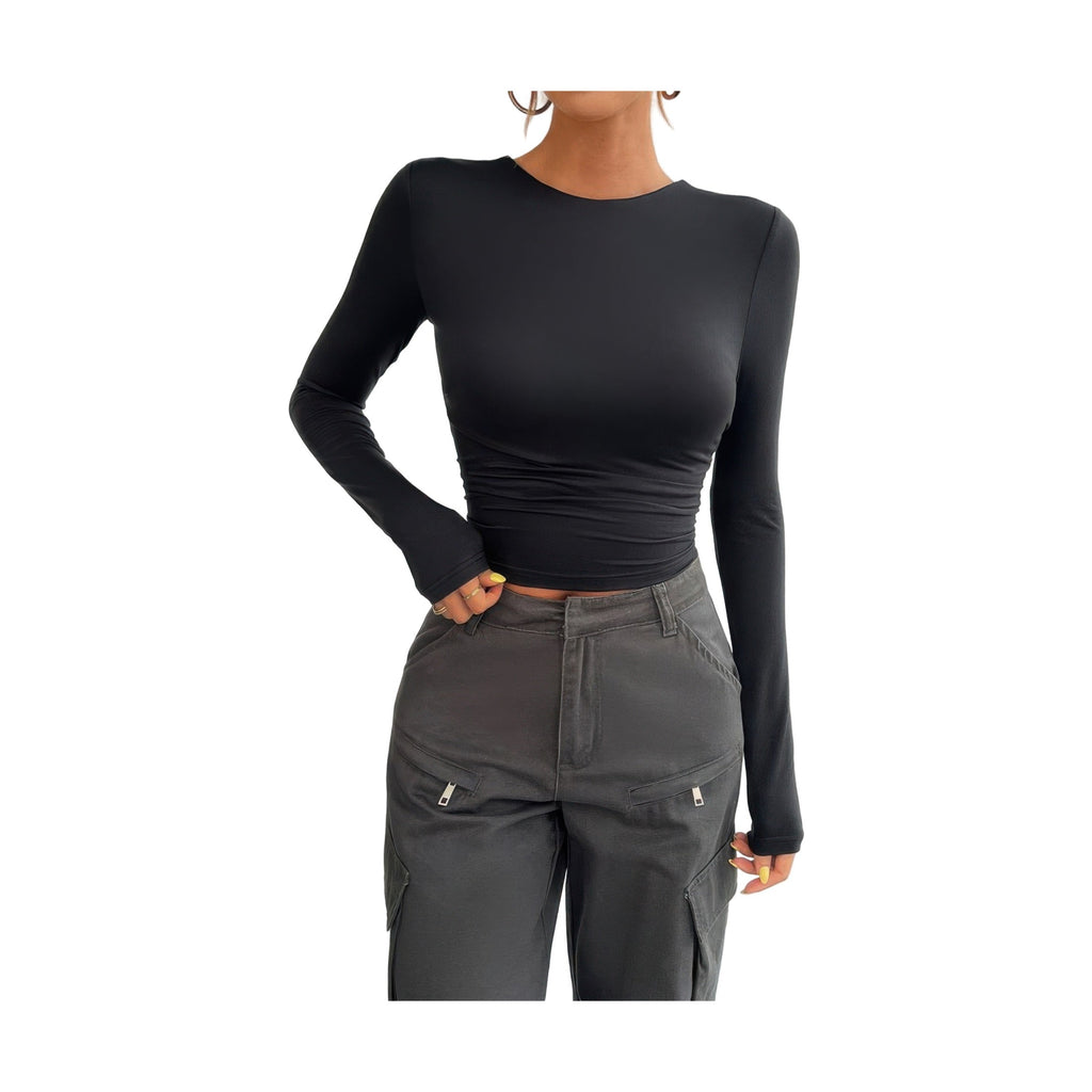 VacationGrabs open back long sleeve top in black, featuring a fitted silhouette and long sleeves