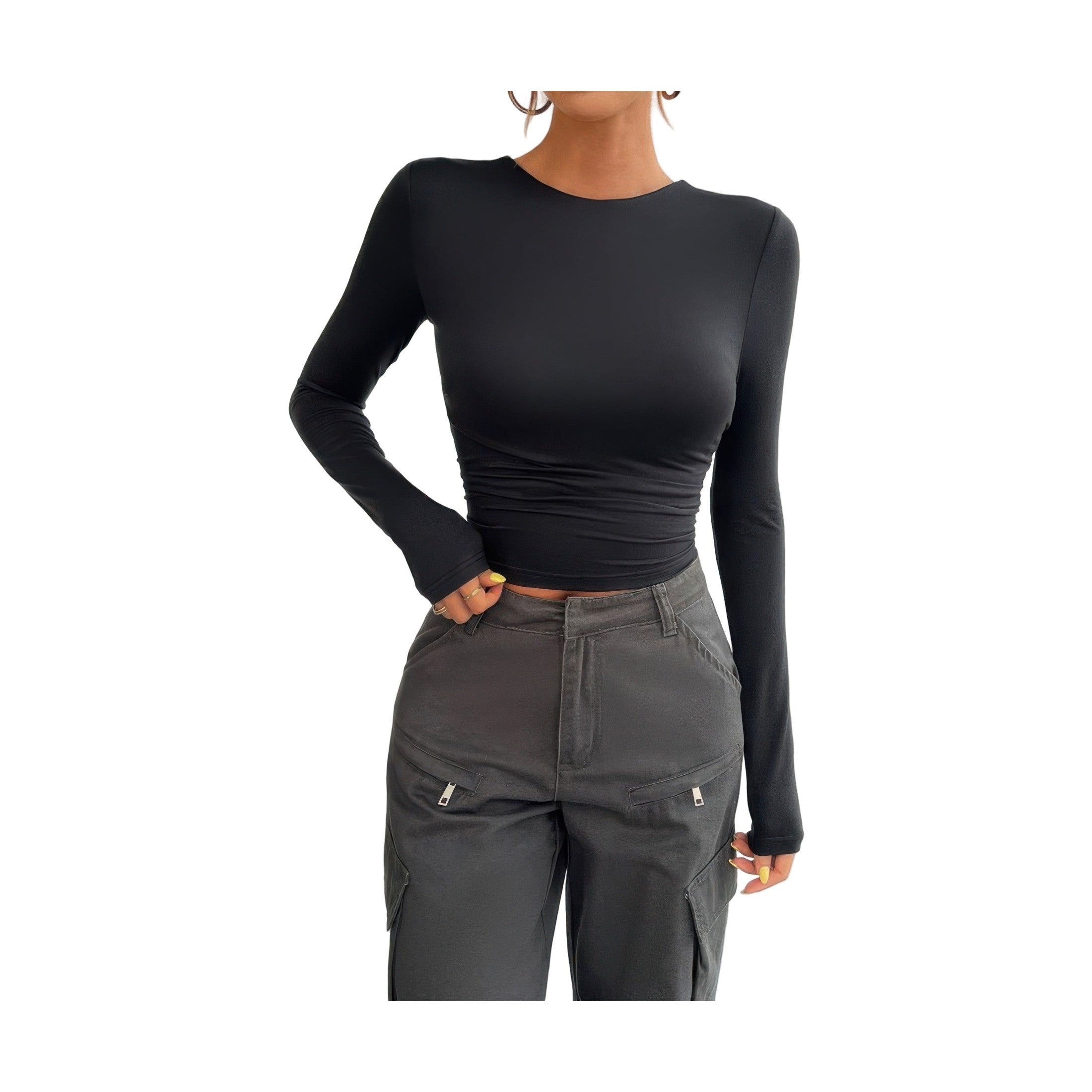 VacationGrabs open back long sleeve top in black, featuring a fitted silhouette and long sleeves