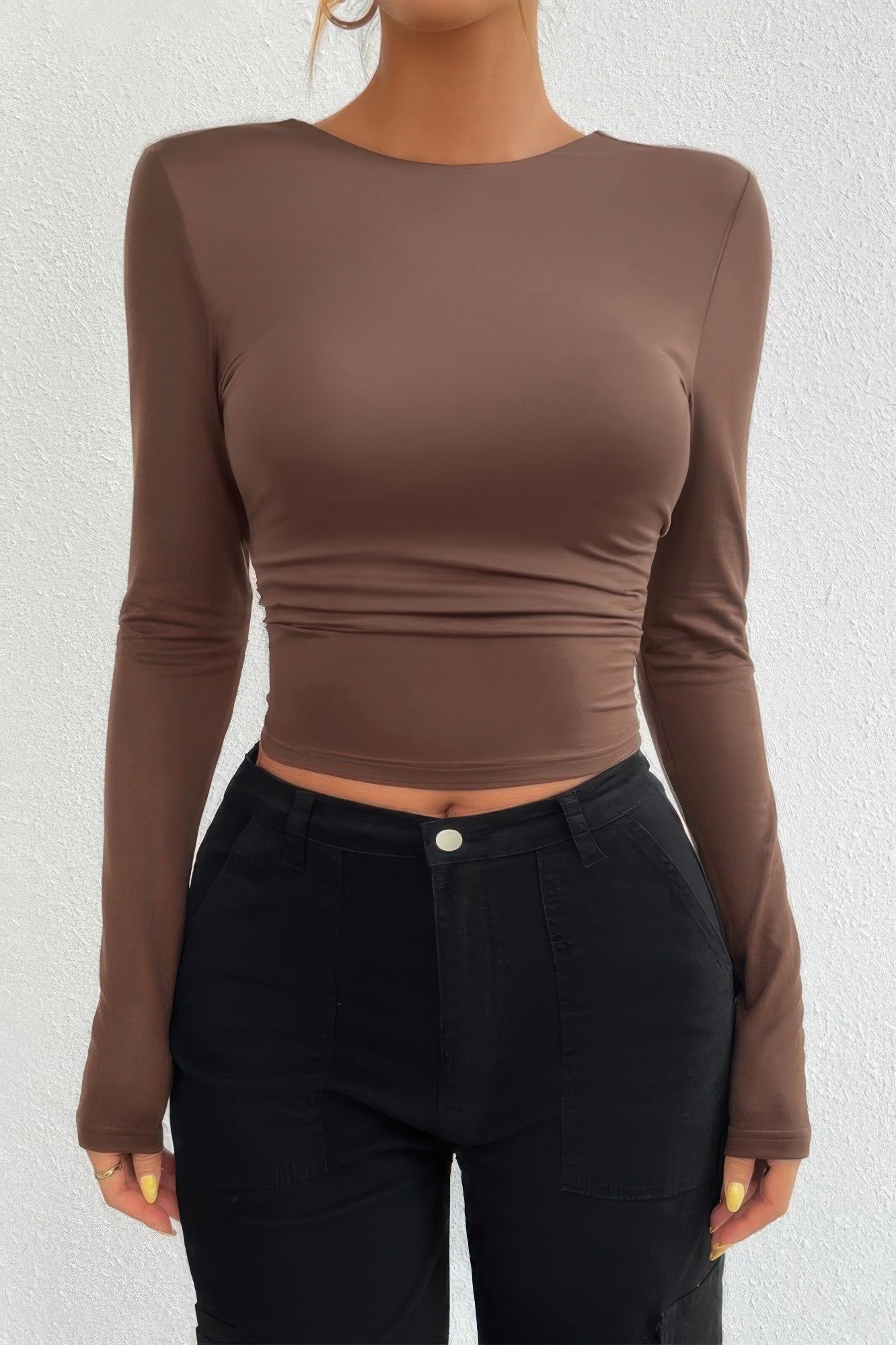 Brown Women's open back long sleeve top designed for stylish layering and comfort
