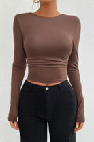 Brown Women's open back long sleeve top designed for stylish layering and comfort