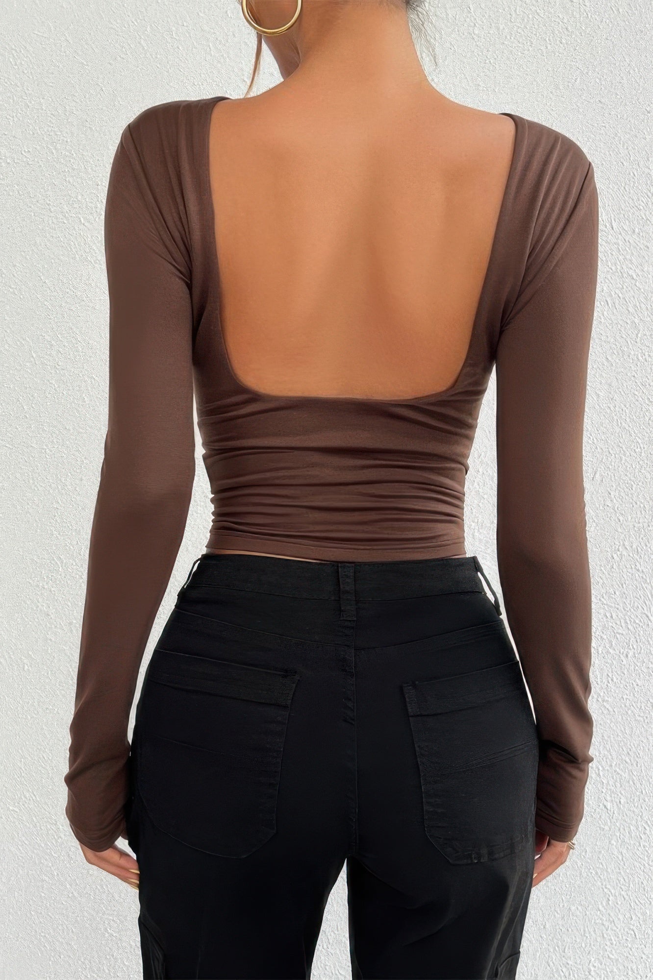 VacationGrabs open back long sleeve top in brown with flattering ruched design
