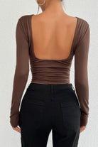VacationGrabs open back long sleeve top in brown with flattering ruched design
