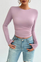 VacationGrabs Women's open back long sleeve top in lavender with stylish fitted design