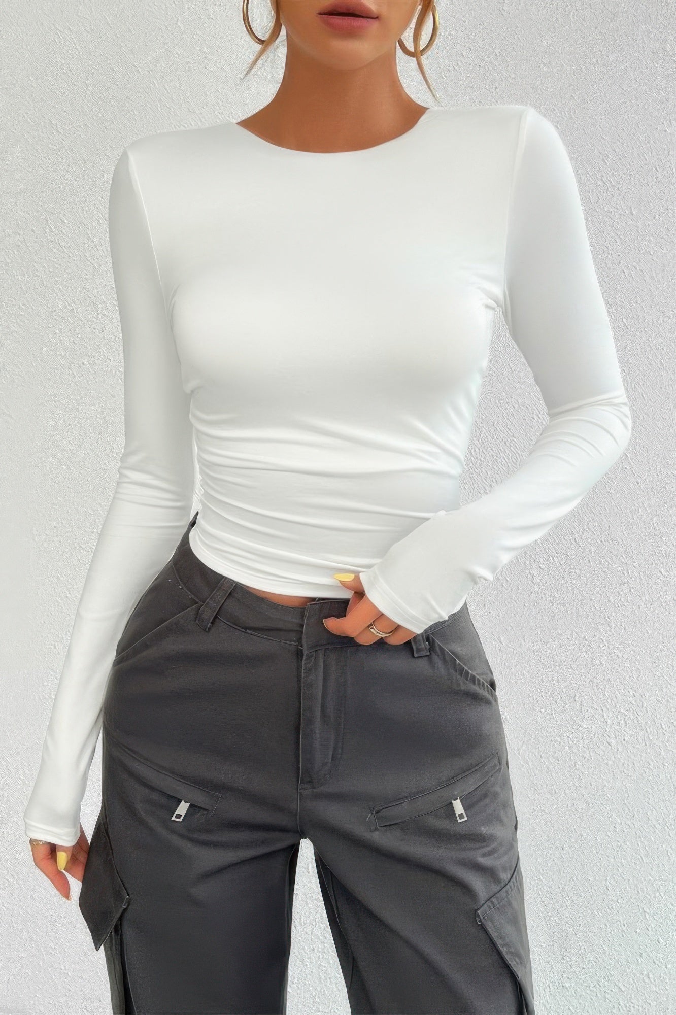 VacationGrabs open back long sleeve top in white, featuring a fitted design and long sleeves