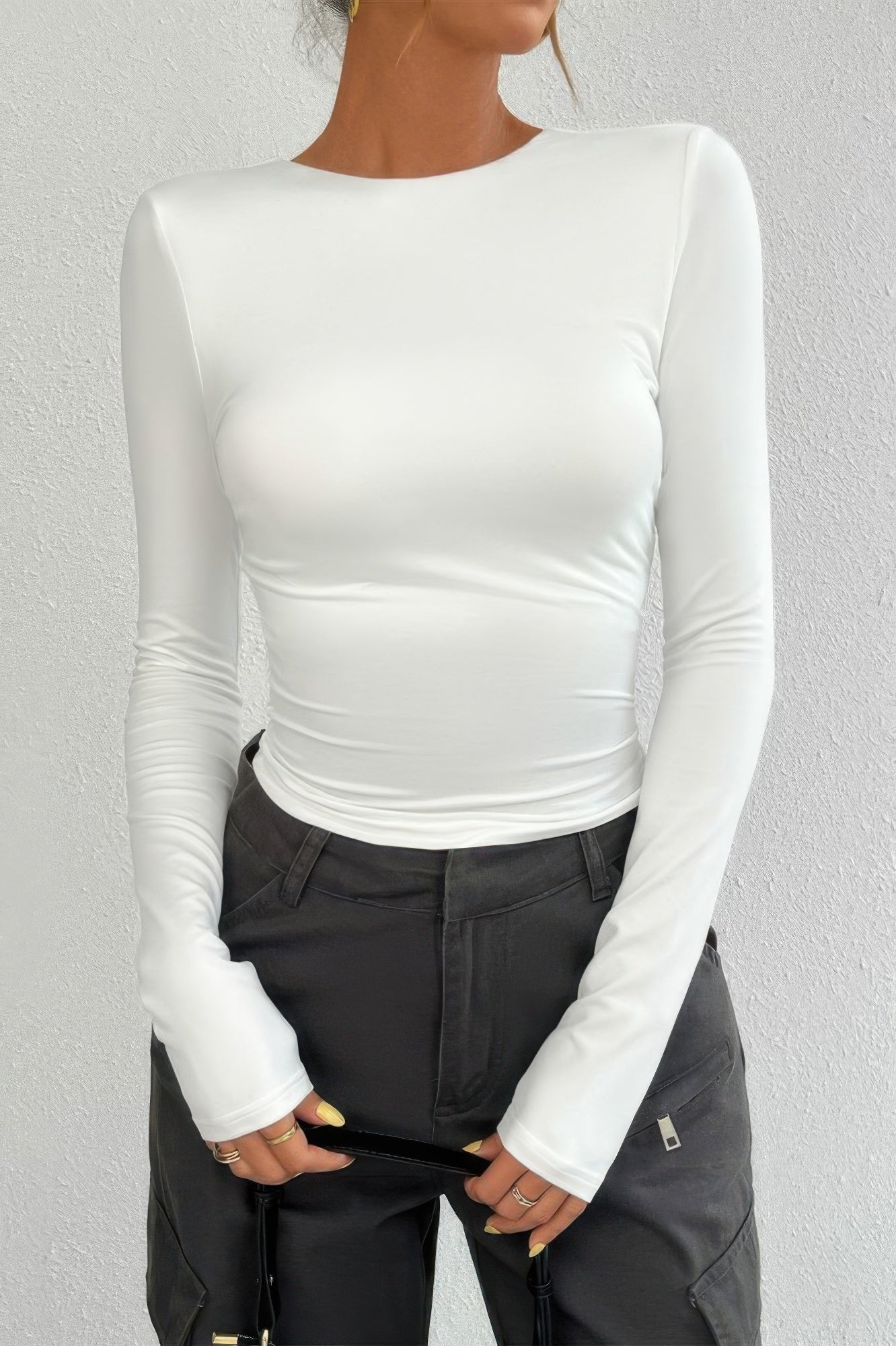 VacationGrabs open back long sleeve top in white featuring a fitted design and long sleeves