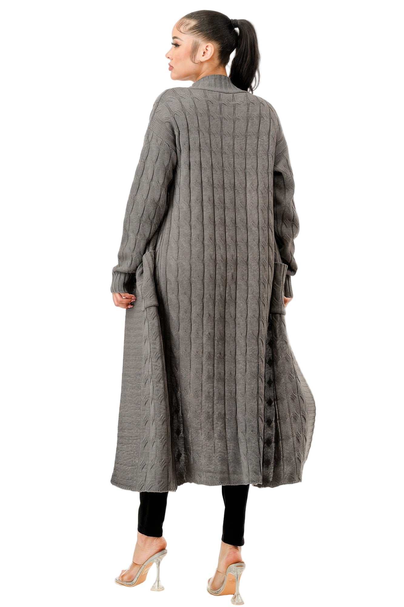Stylish open front cable knit sweater in gray, featuring a long silhouette and ribbed design