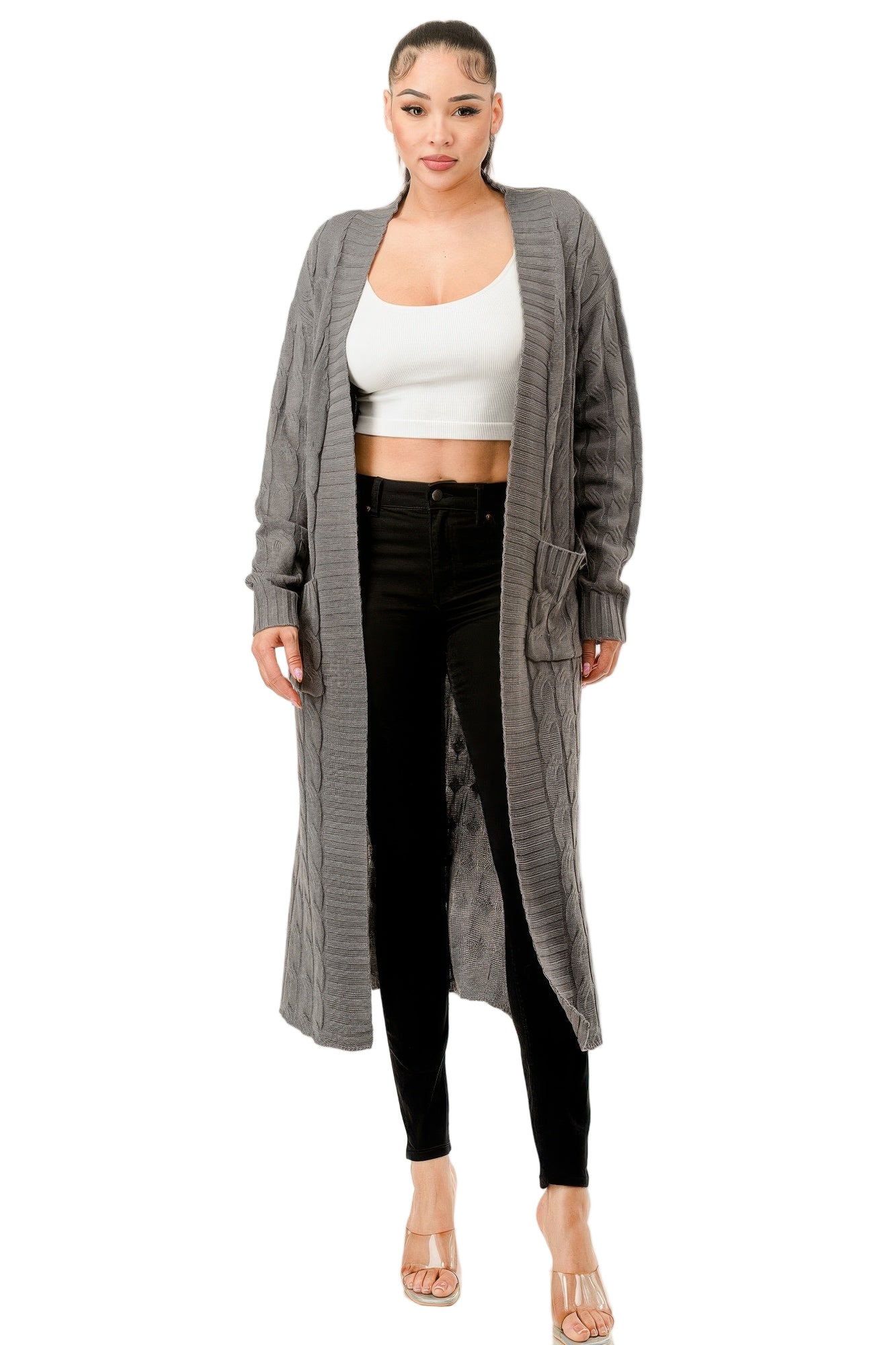 Gray open front cable knit sweater cardigan for women, perfect for cool weather layering