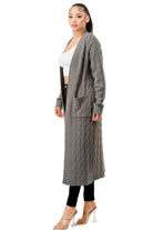 Women's open front cable knit sweater in gray with pockets for a stylish layered look