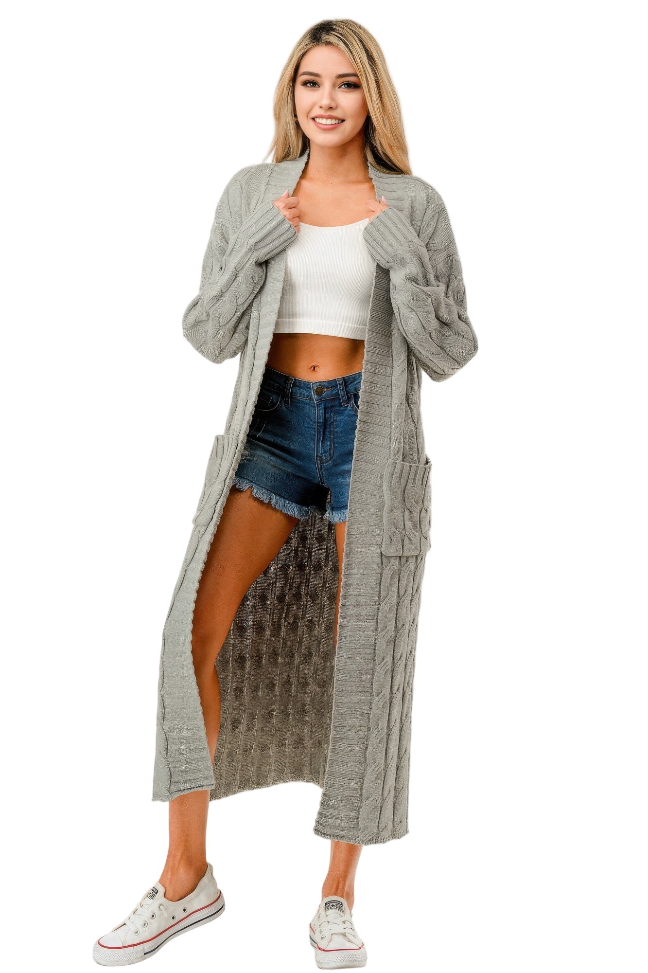 Light gray open front cable knit sweater cardigan perfect for layering over casual outfits