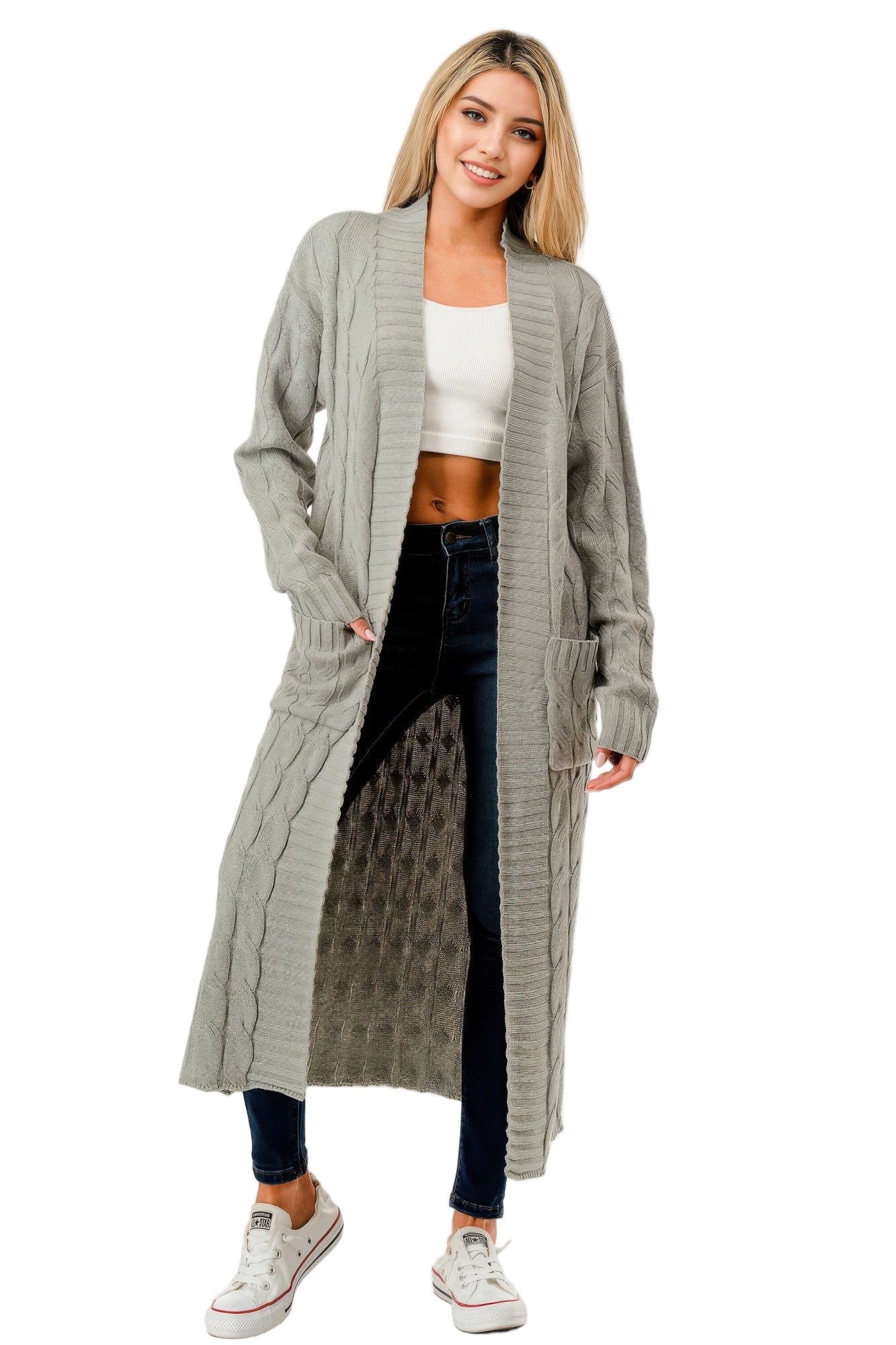 Light gray open front cable knit sweater with long sleeves and pockets for women