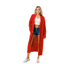 Stylish open front cable knit sweater in red, perfect for layering over casual outfits