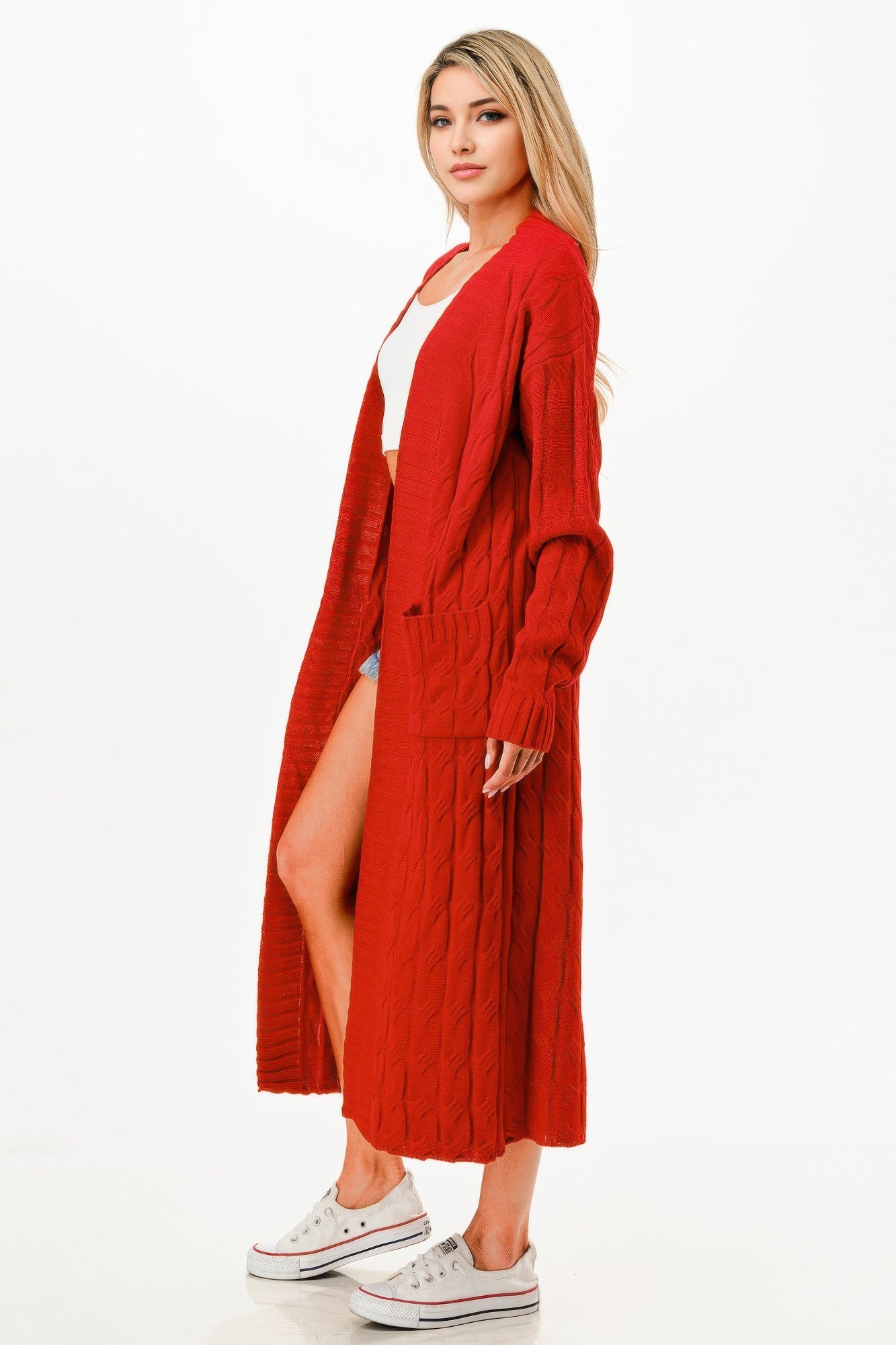 Red open front cable knit sweater for women with a long, stylish design and cozy texture