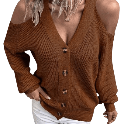 Women's Sweaters - Cardigans Open Shoulder Plunge Neck Ribbed Cardigan