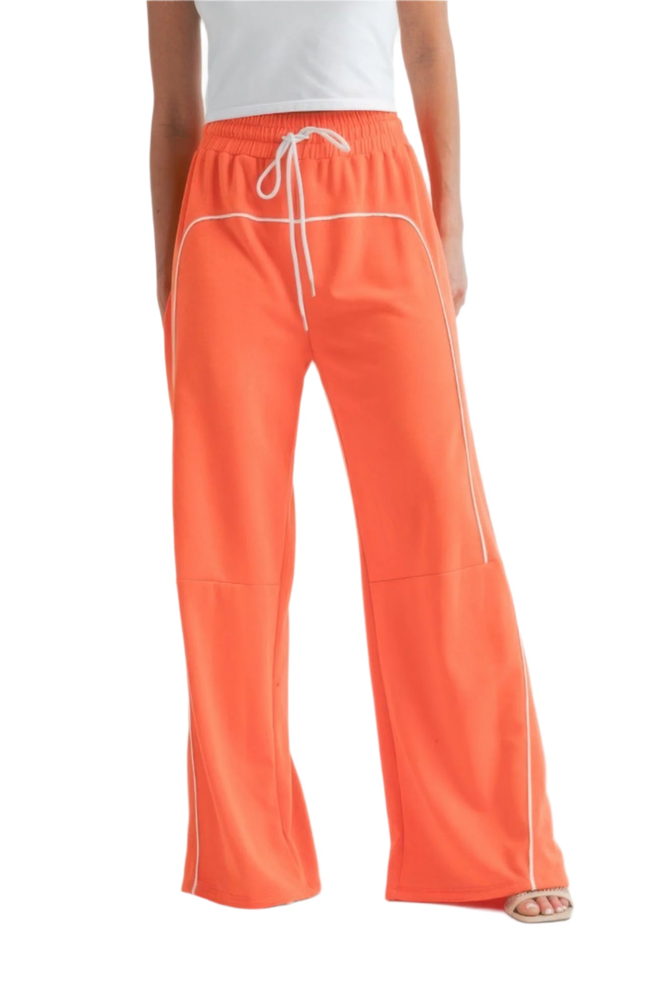 Women's orange drawstring pants with white piping and wide legs by VacationGrabs