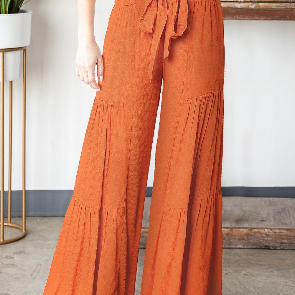 Women's Pants Orange Smocked Waist Tiered Wide Leg Pants