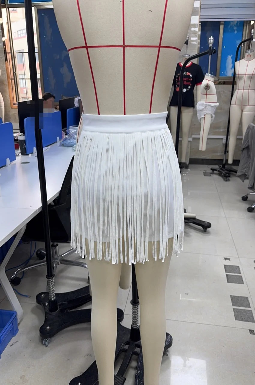 Women's white fringe shorts by VacationGrabs, perfect outfit for cowgirl