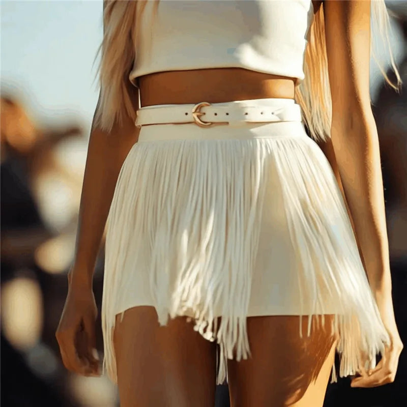 Women's white fringed shorts by VacationGrabs, perfect outfit for cowgirl