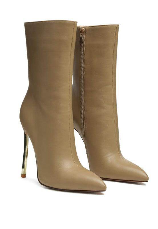 Rag Company over the ankle stiletto boots in beige with sleek design and gold heel
