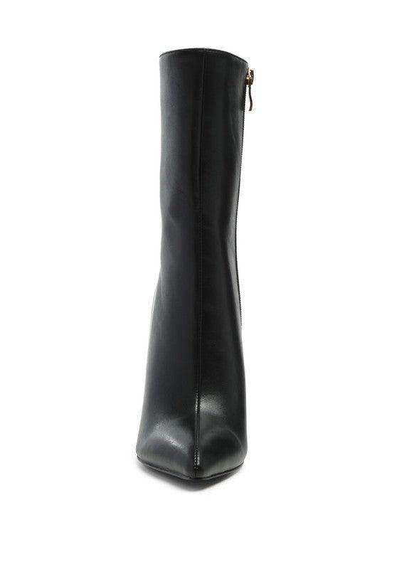 Rag Company sleek black over the ankle stiletto boots with a stylish pointed toe and zip closure