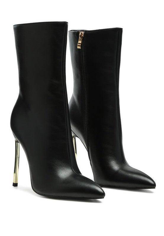 Rag Company black over the ankle stiletto boots with sleek design and gold accent heel