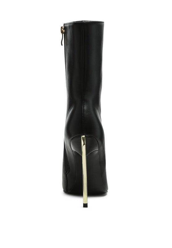 Rag Company black over the ankle stiletto boots with a sleek design and a metallic heel